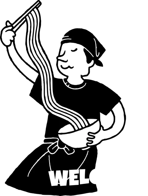 Tanpopo Ramen chef lifting noodles from a bowl, with the words Welcome!