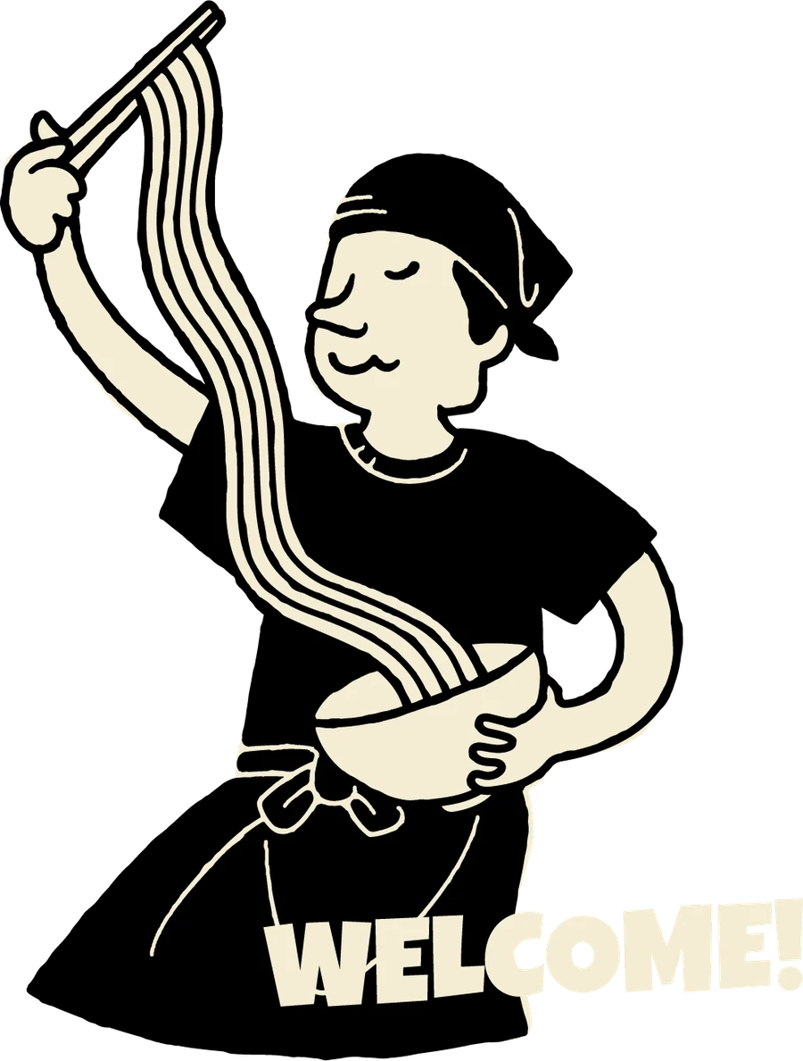 Tanpopo Ramen chef lifting noodles from a bowl, with the words Welcome!